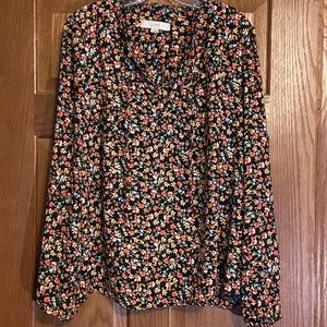Colorful, flowered blouse from LOFT. Tie detailing at neckline. Size XL.